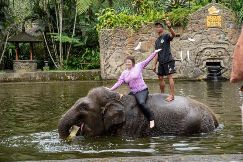 A woman is sitting on the back of an elephant that is wading through water and a man is standing behind her. They are both making hand gestures to the camera.